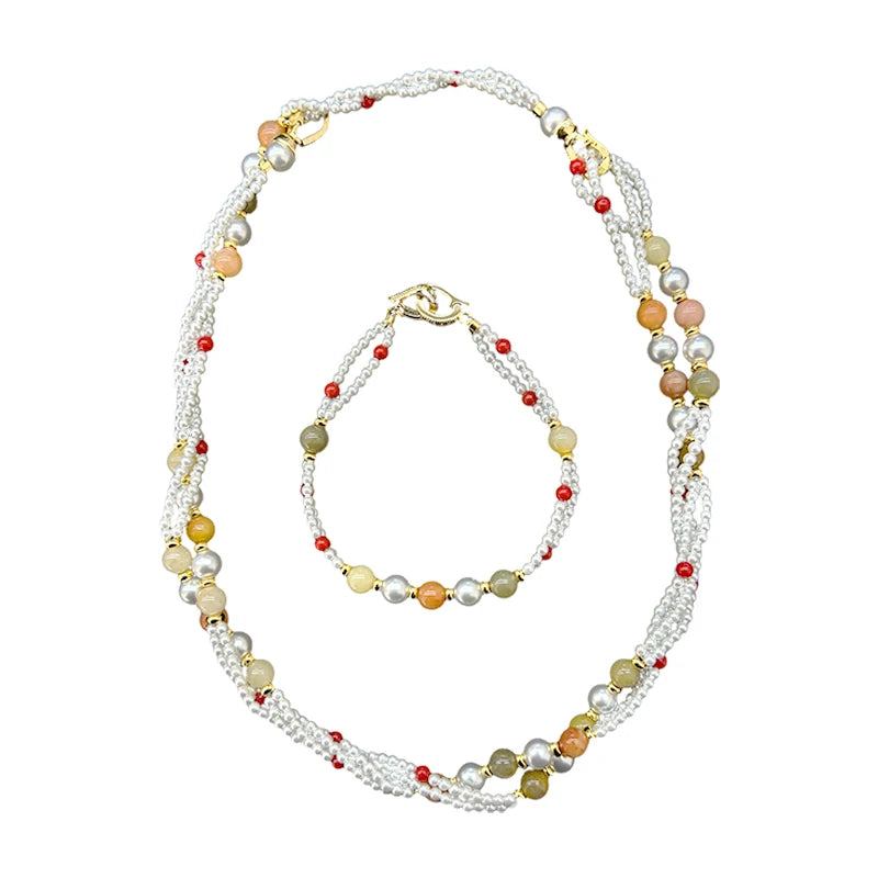 Fashion Designer Imitation Pearl Golden Chain Wedding Party Irregular Layered Handmade Necklace Jewelry Set Women French