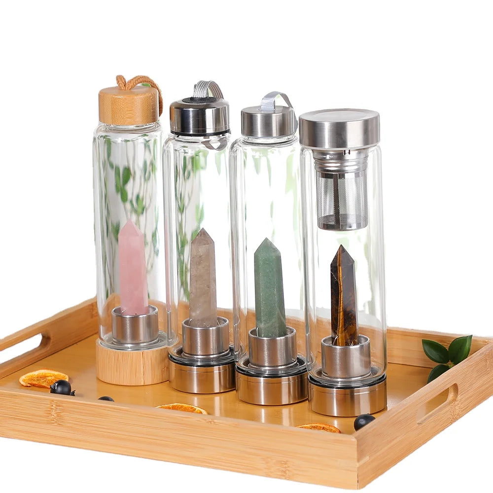 Natural Gift Infused Crystal Quartz Glass 500ml Leak-Proof Sports Water Bottle with Bamboo Lid Gemstone Direct Drinking