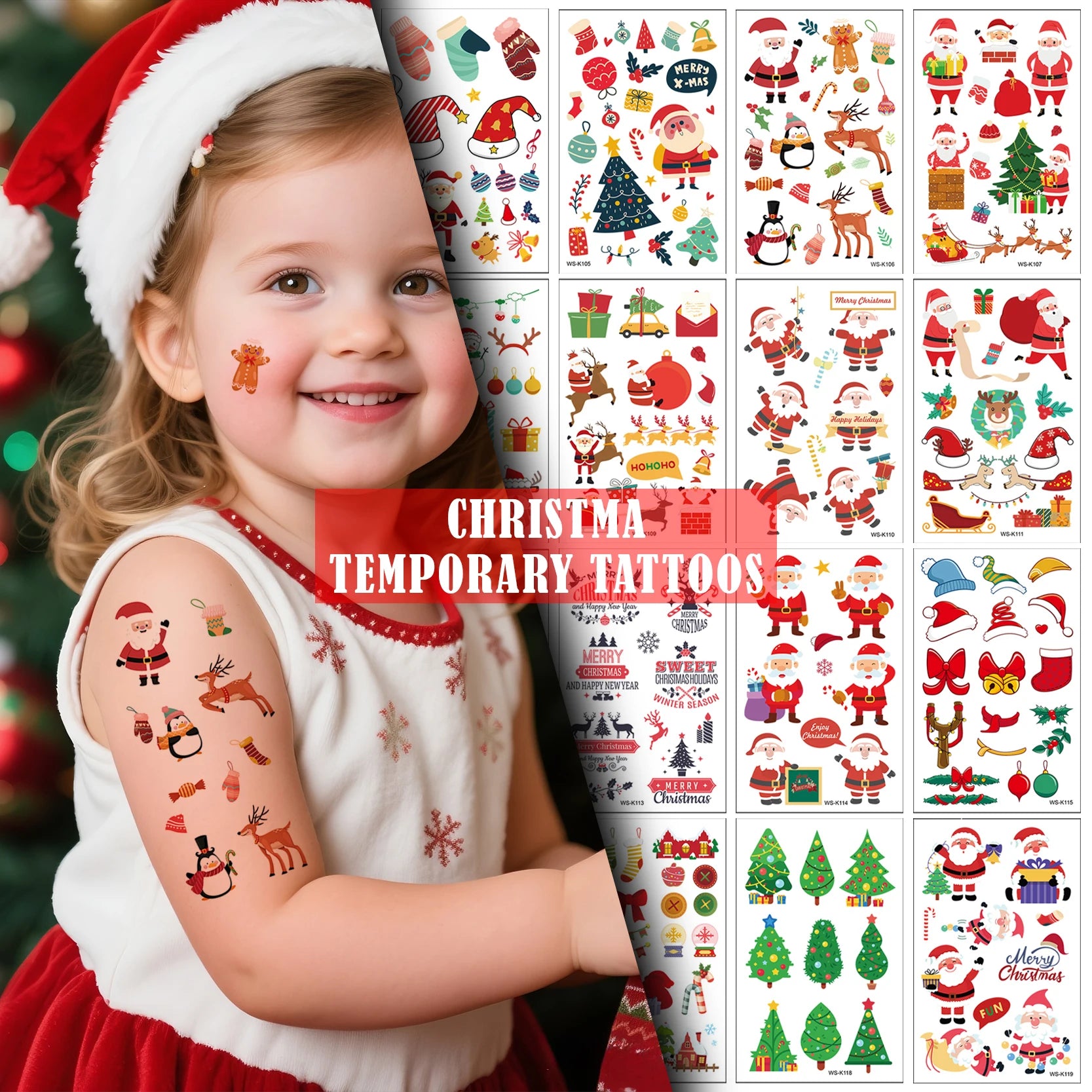 Children's Christmas Tattoo Window Sticker Waterproof Cartoon Design Cross-Border Temporary Decorative Paper for Holiday Parties