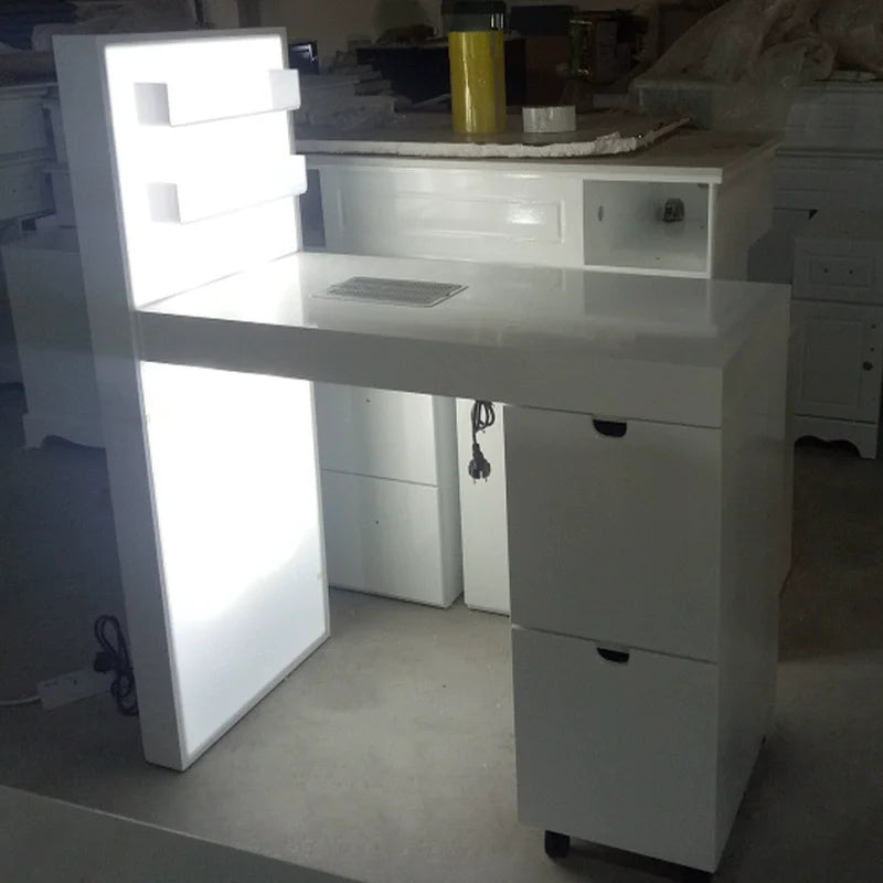 2022 Modern Wooden Nail Salon Manicure Table with Glass Top LED Light Dust Collector-Eco-Friendly Commercial Furniture