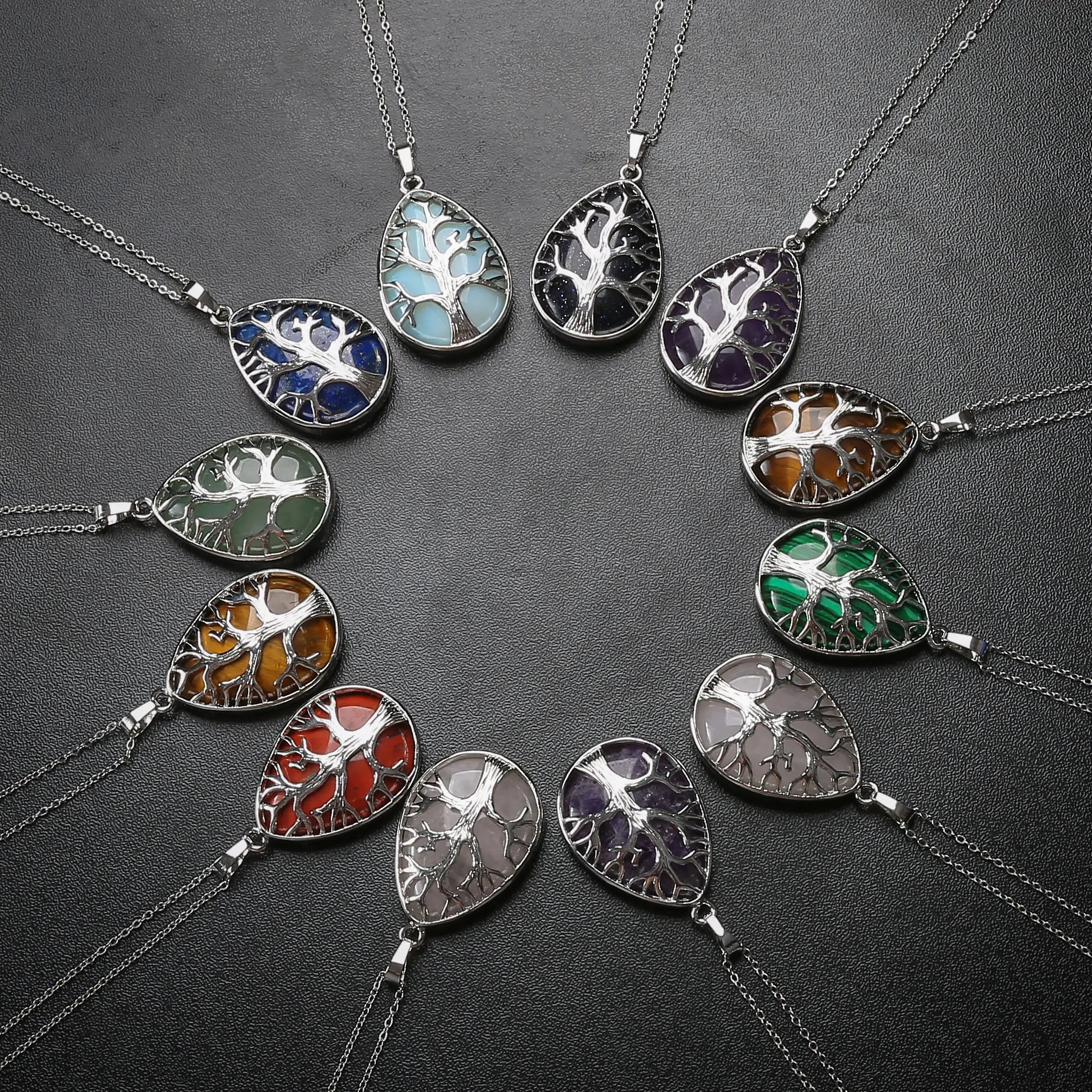 Newest Selling Natural Water Drops Hollow Life Tree Crystal Stone Pendant Item Female Pendant Necklace Jewelry