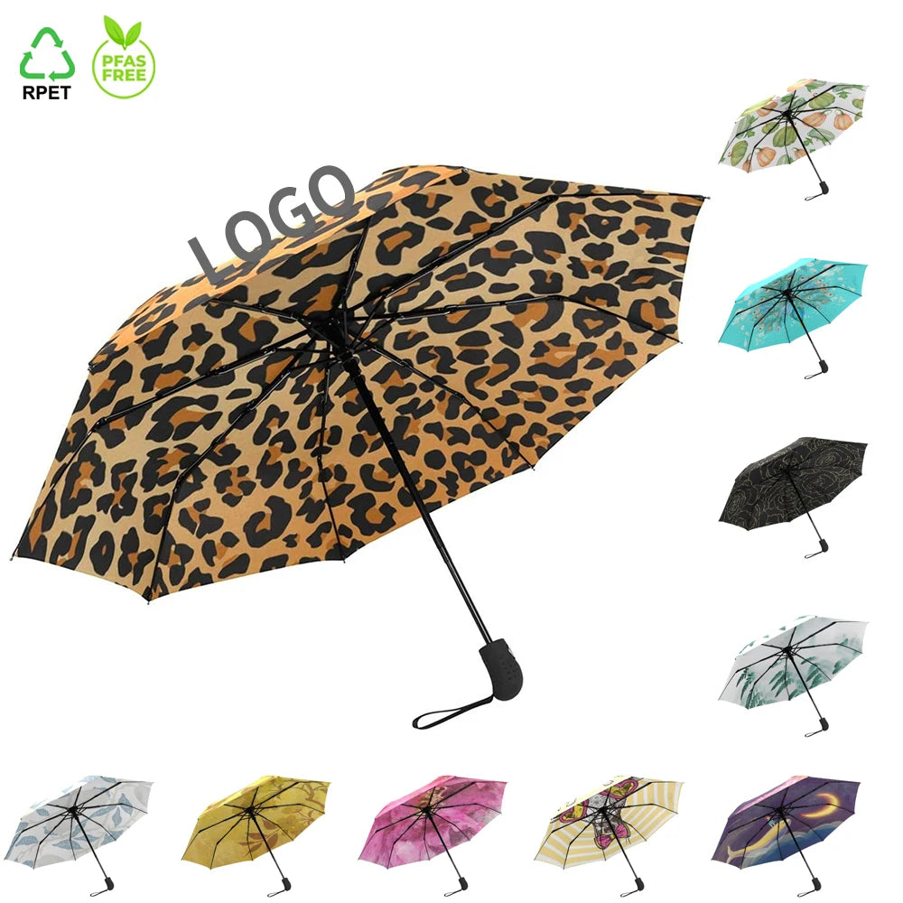 OVIDA 21-Inch Auto Open Close Umbrella with 8 Ribs Minimalist Design Customized Lady Fashion Leopard Logo Printing 3 Folding