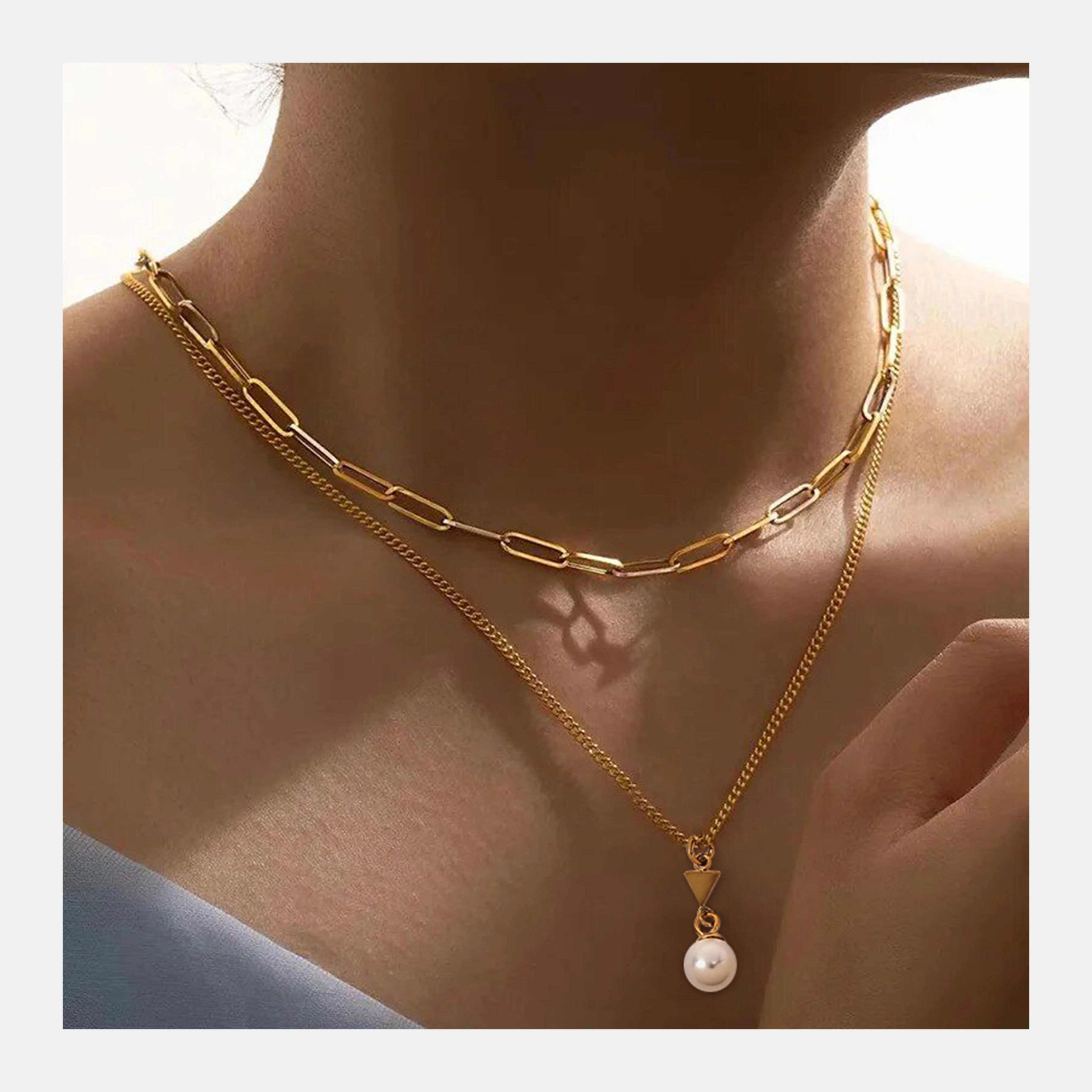 Zesenlin Jungle Series Pearl Pendant Necklace Fashion Jewelry Double Link Stainless Steel Necklaces Women Female