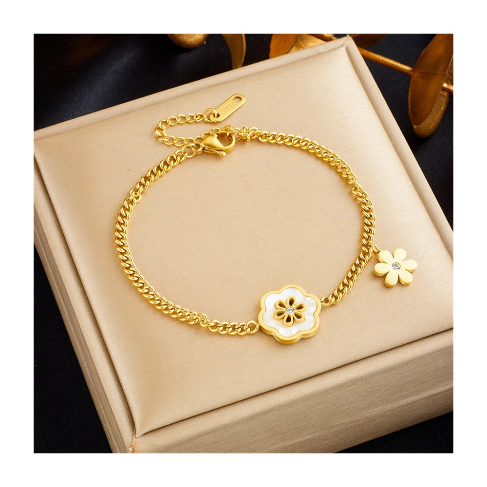 Luxury Acier Inoxydable Stainless Steel 18K Gold Plated Five Leaf Flower Shell Women Fashion Jewelry Bracelets Bangle