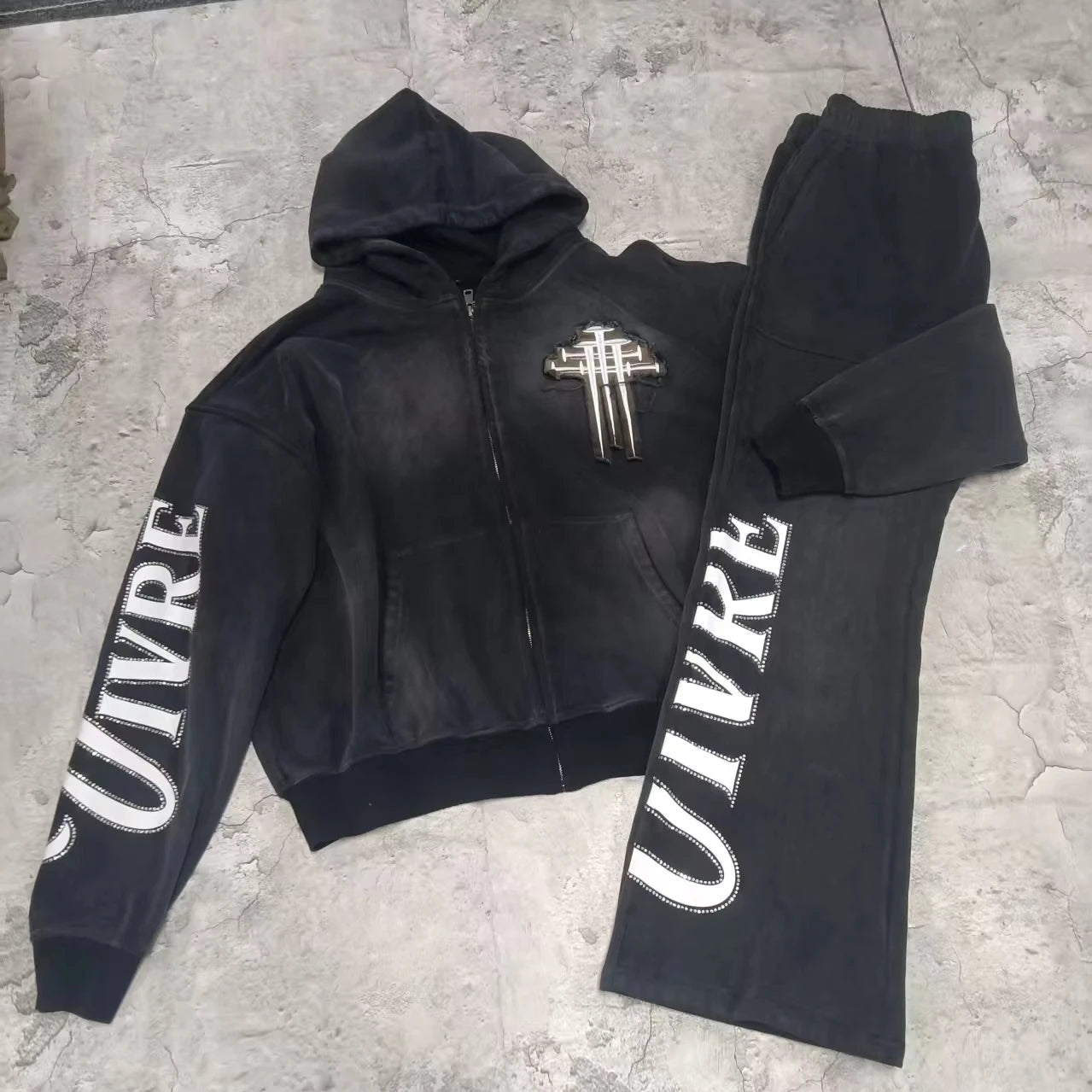 Cotton Sweatsuits Thick Heavyweight Black French Terry Patch Embroidery Sportswear Hoodies Running Workout Cotton  for Men