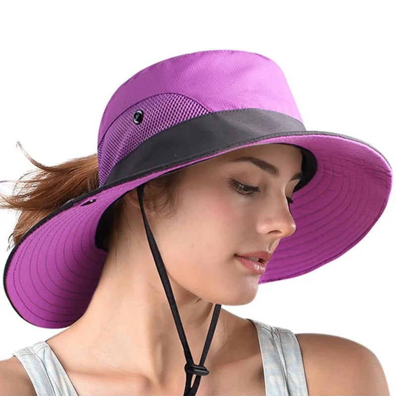 Women's Summer Mesh Wide Brim Sun UV Protection Hat With Ponytail Hole Women's Ponytail Safari Children Adult Sun Hat