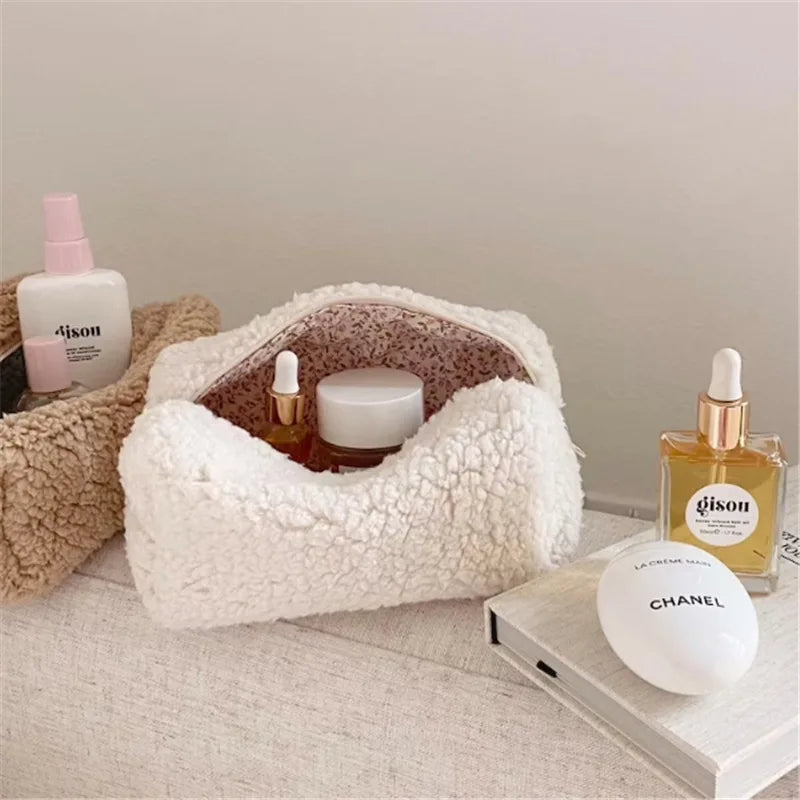 Snow White Cute Little Small Soft Plush Fuzzy Fluffy Travel Makeup Organizer Pouch Bag