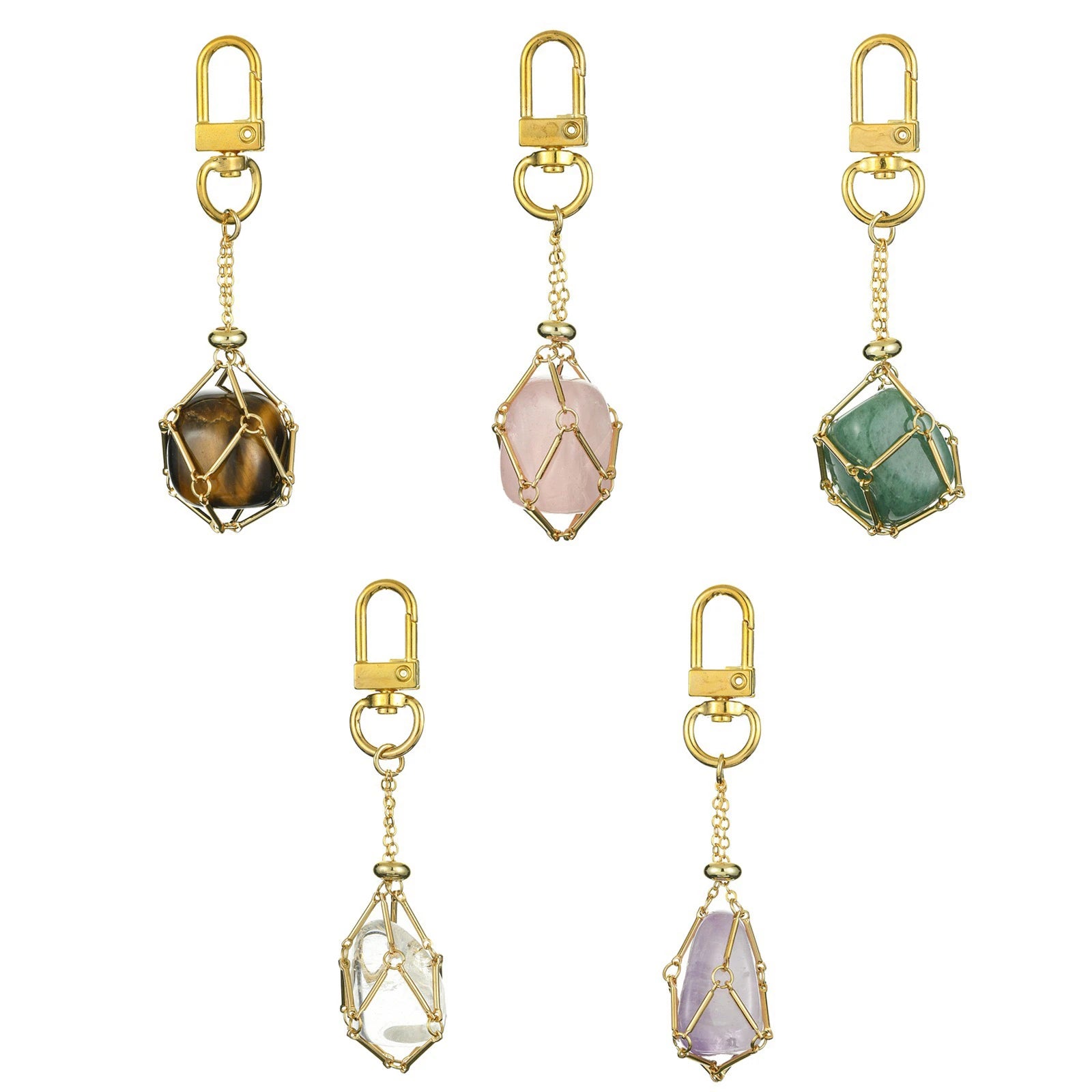 Natural Crystal Colorful Tumbled Healing Stones Carabiner Keychain Ornaments Jewelry Bags Pendant Diy Keychain Wholesale
