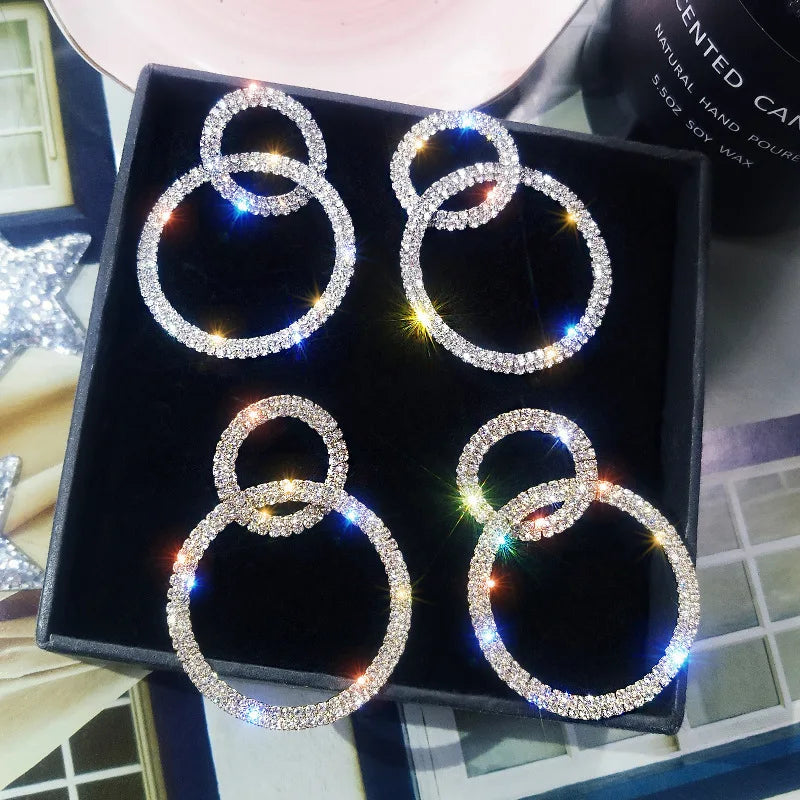 AA00927 Trendy Double Circle Alloy Diamond Earrings for Women Shiny Korean Design Perfect Gift