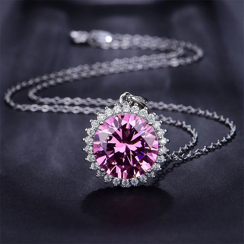 CAOSHI Luxury Fashion Rhinestone Jewelry Silver Plated Crystal Necklace Pink Cubic Zirconia Round Pendant Necklace for Women