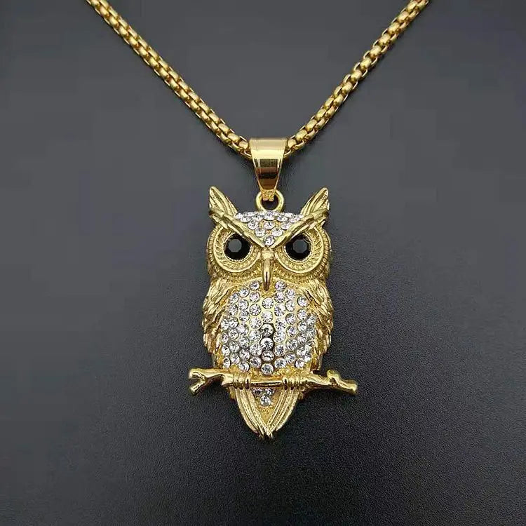 Hip Hop 18K Gold Stainless Steel Crystal Owl Pendant Necklace