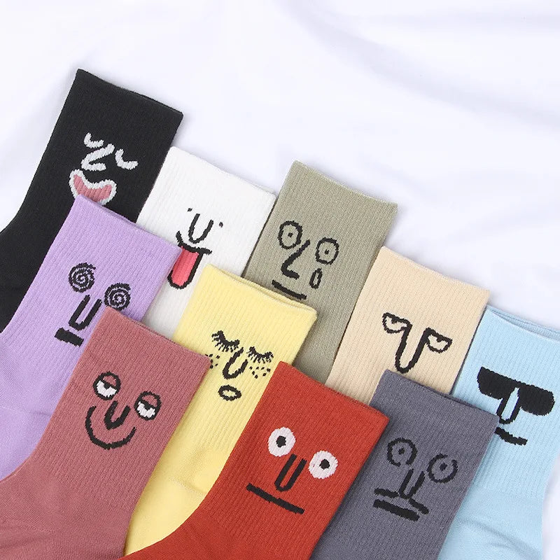 Hf Women's Crew Socks 100% Cotton Breathable & Funny Anime Cartoon Face Emoticon Design Logo Positioned on Body