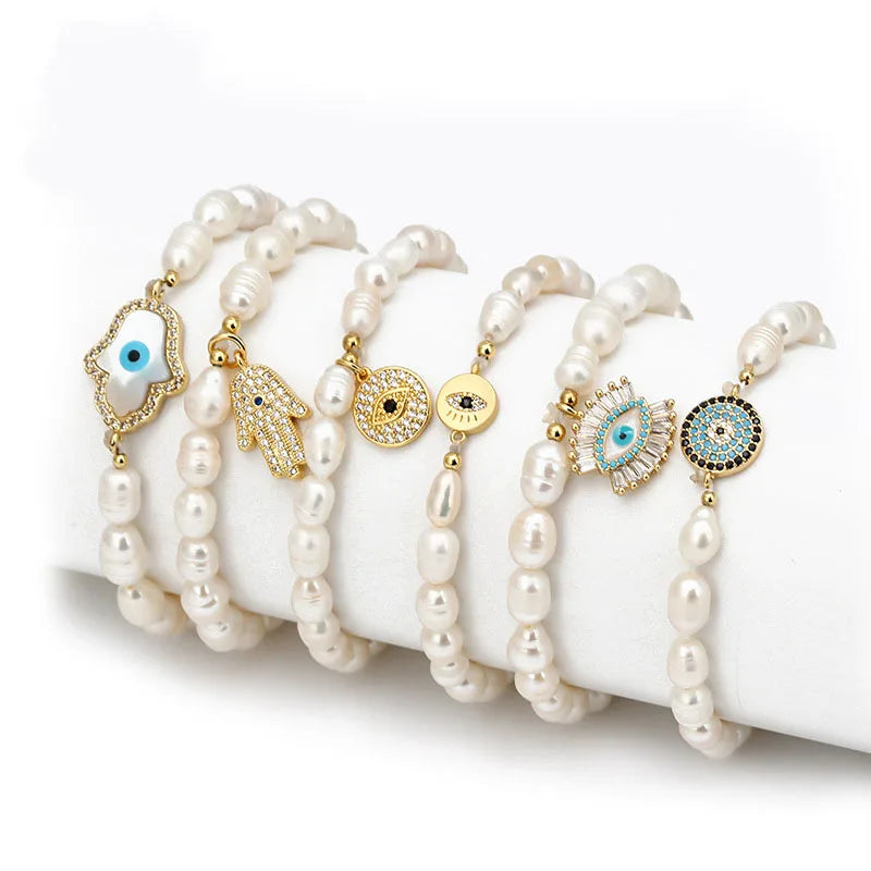Hot Sale  Jewelry Evil Eyes Fatima's Hand Beaded Pearl Elastic Religious Bracelet