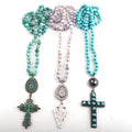 Women Necklace Bohemian Tribal Jewelry Wind Weathered Stone Long Knotted Stone Arrow Cross Pendant Necklace