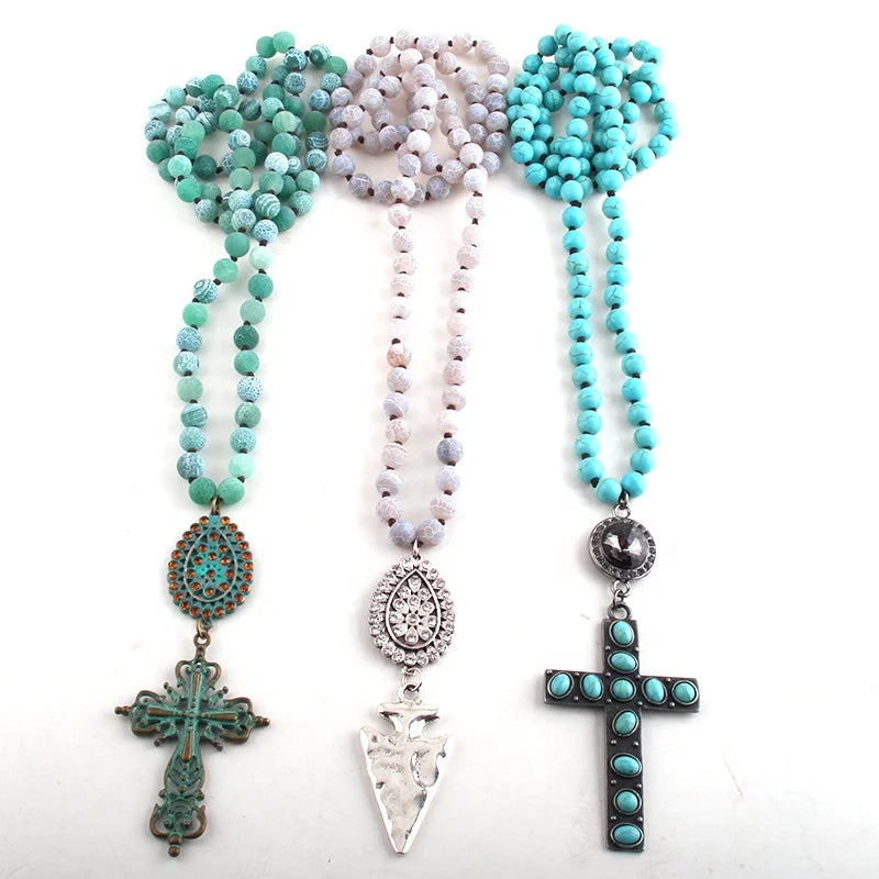 Women Necklace Bohemian Tribal Jewelry Wind Weathered Stone Long Knotted Stone Arrow Cross Pendant Necklace
