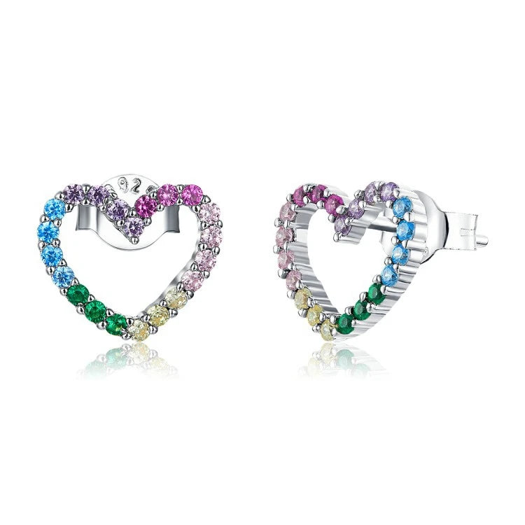 Qings Trendy Unique Jewellery Rainbow Heart Shape Earrings 925 Sterling Silver Colorful Stud Earrings for Woman and Girls