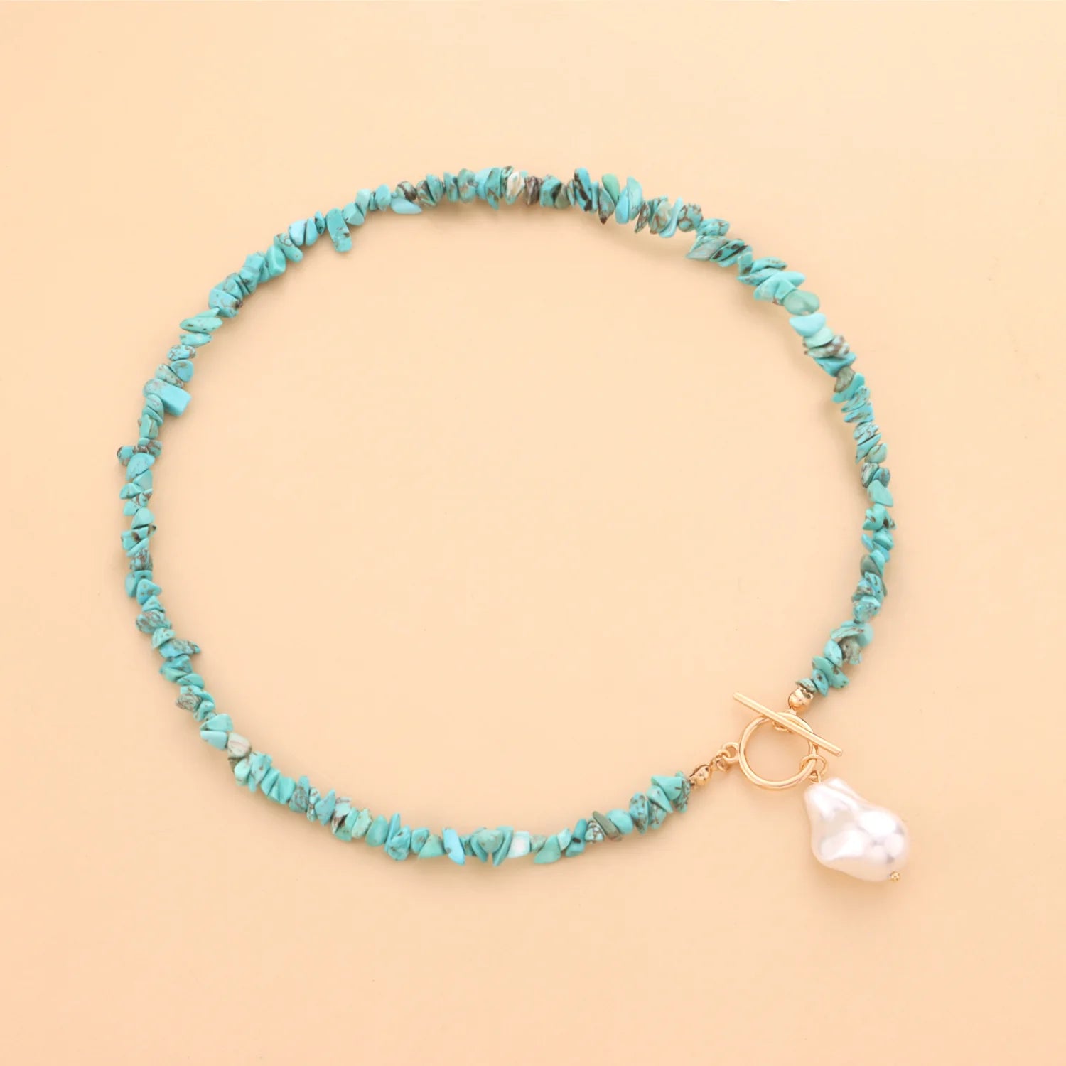 Trendy Turquoise Europe American Fashion Natural Gravel Gemstone OT Buckle Necklace Baroque Imitation Pearls Charm Pendant