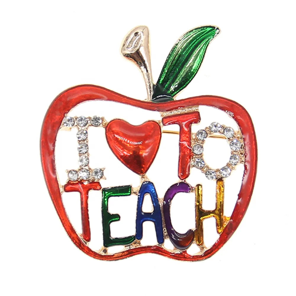 Fashion Jewelry Brooches Metal Rhinestone Enamel I LOVE to TEACH Brooch Pin for School Teacher Gifts Decoration