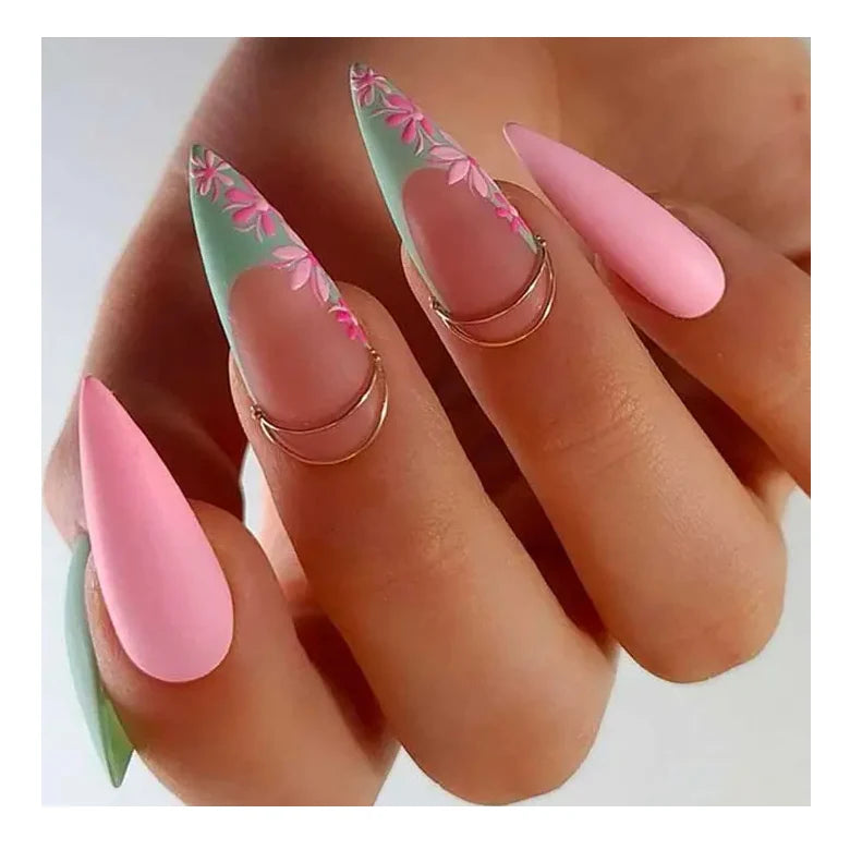 Mid Europe Long Stiletto Handmade Metallic Private Label Luxury Press on Nails Supply Almond Faux Ongles Flower False Nails