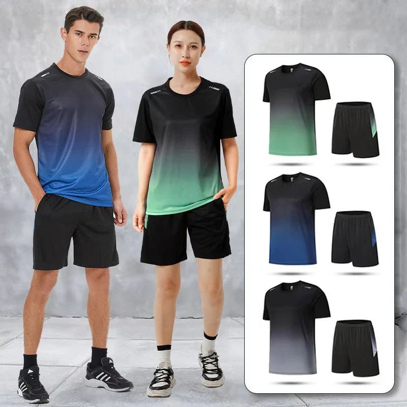 New Adult Summer Running Athleisure Set Quick Dry Breathable Gradient Color Shirt Shorts Solid Fitness 2-Piece Men's Tracksuit