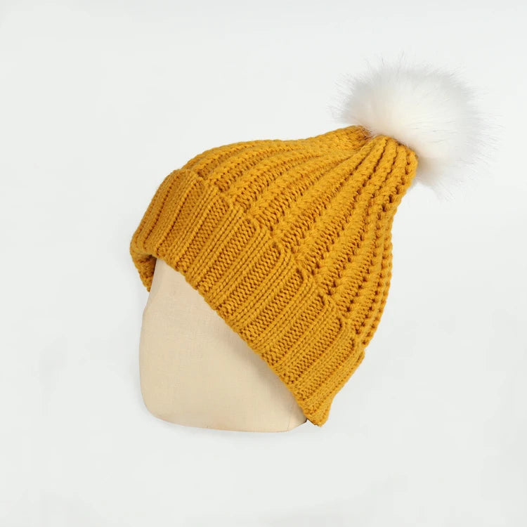 Custom Logo Winter Casual Warm Knit Beanie Hat Wholesale Women 100% Acrylic Pom Pom Beanie Hat Cap