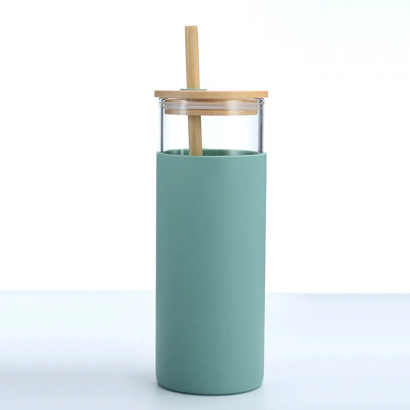20oz Glass Tumbler with Straw Protective Silicone Sleeve and Bamboo Lid Water Bottle for Boiling Water for Occasions Presents