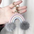Faux Mink Fur Soft Pom Pom Fluffy Key Chains Boho Rainbow Women Bag Decor Pendant Handmade Woven Boho Macrame Rainbow Keychain