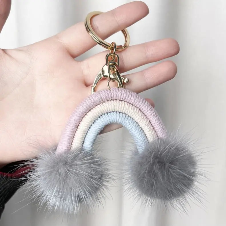 Faux Mink Fur Soft Pom Pom Fluffy Key Chains Boho Rainbow Women Bag Decor Pendant Handmade Woven Boho Macrame Rainbow Keychain