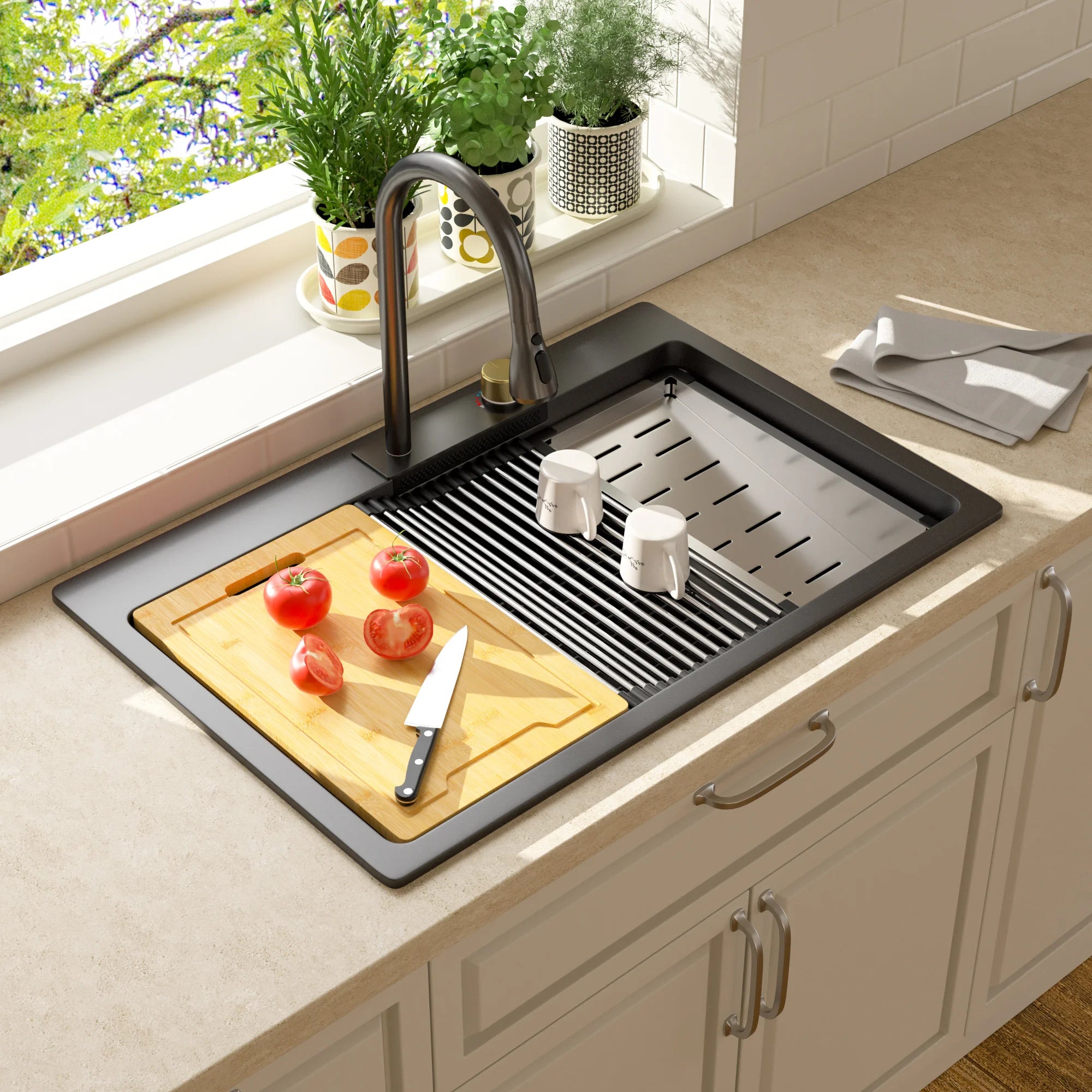 US Shipping 33 X 19 Top Mounted Kitchen Sink Quartz Drop-in Single Bowl Waterfall  Black Granite Kitchen Sinks