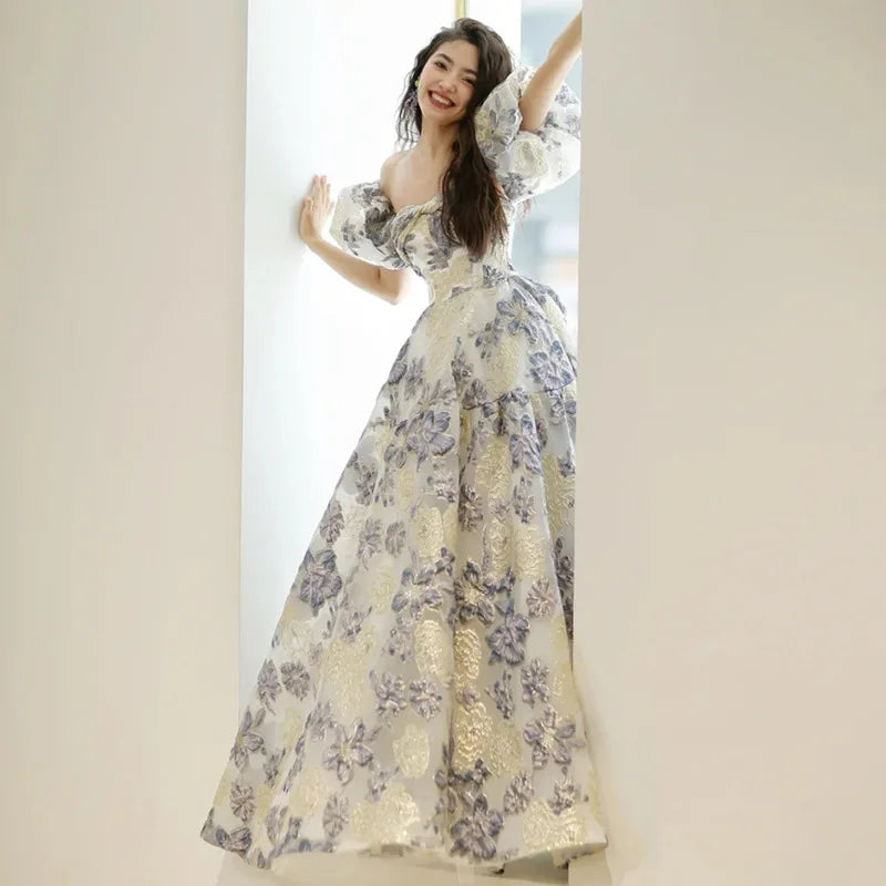 Women's Birthday Banquet Party Dress Light Luxury Princess Off Shoulder Style Adult Ceremony Puff Sleeve Evening Dresses