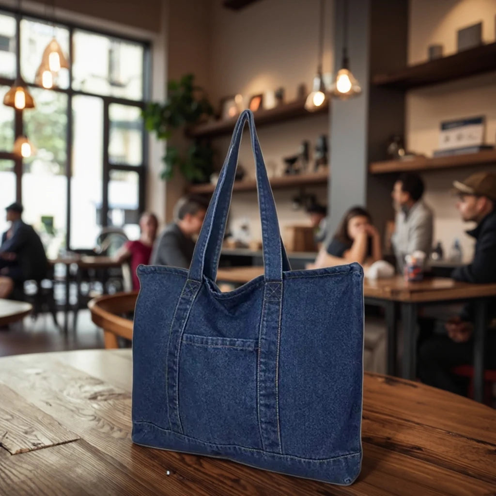 Custom Recycled Denim Tote Shopping Bag Reusable Canvas with Letter Pattern Wholesale Options Available