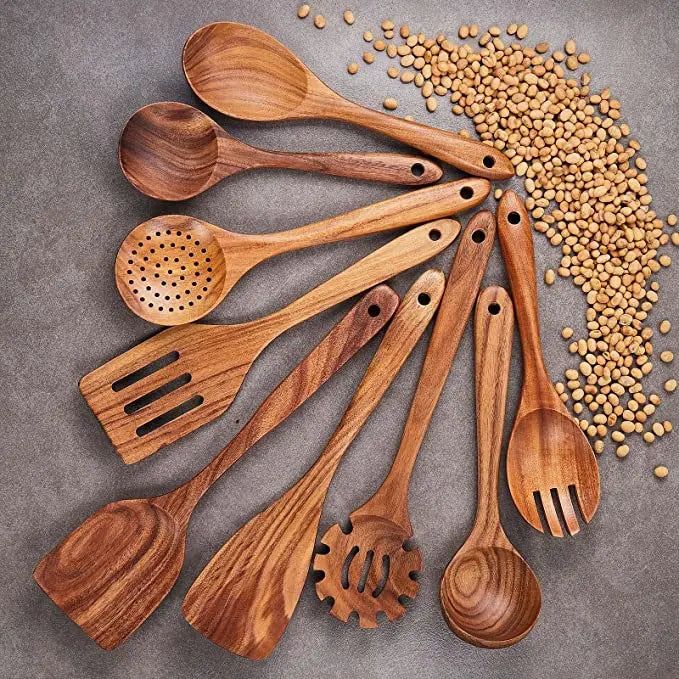 Natural Wood Utensils Kitchenware Cooking Utensils Set Spoons and Spatulas Wooden Spoons for Cooking Salad Fork
