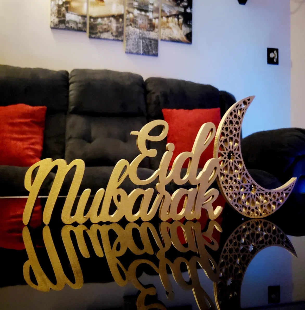 Pafu Eid Mubarak Sign Wood Sign for Ramadan Party Decorations Islamic Decor for Table or Shelves for Party Supplies