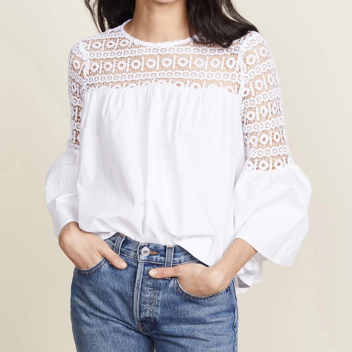 New Style Girls Womens Blouses and Shirts Lace Tops Shirt O Neck Women Blouse Social Shirt With Lace