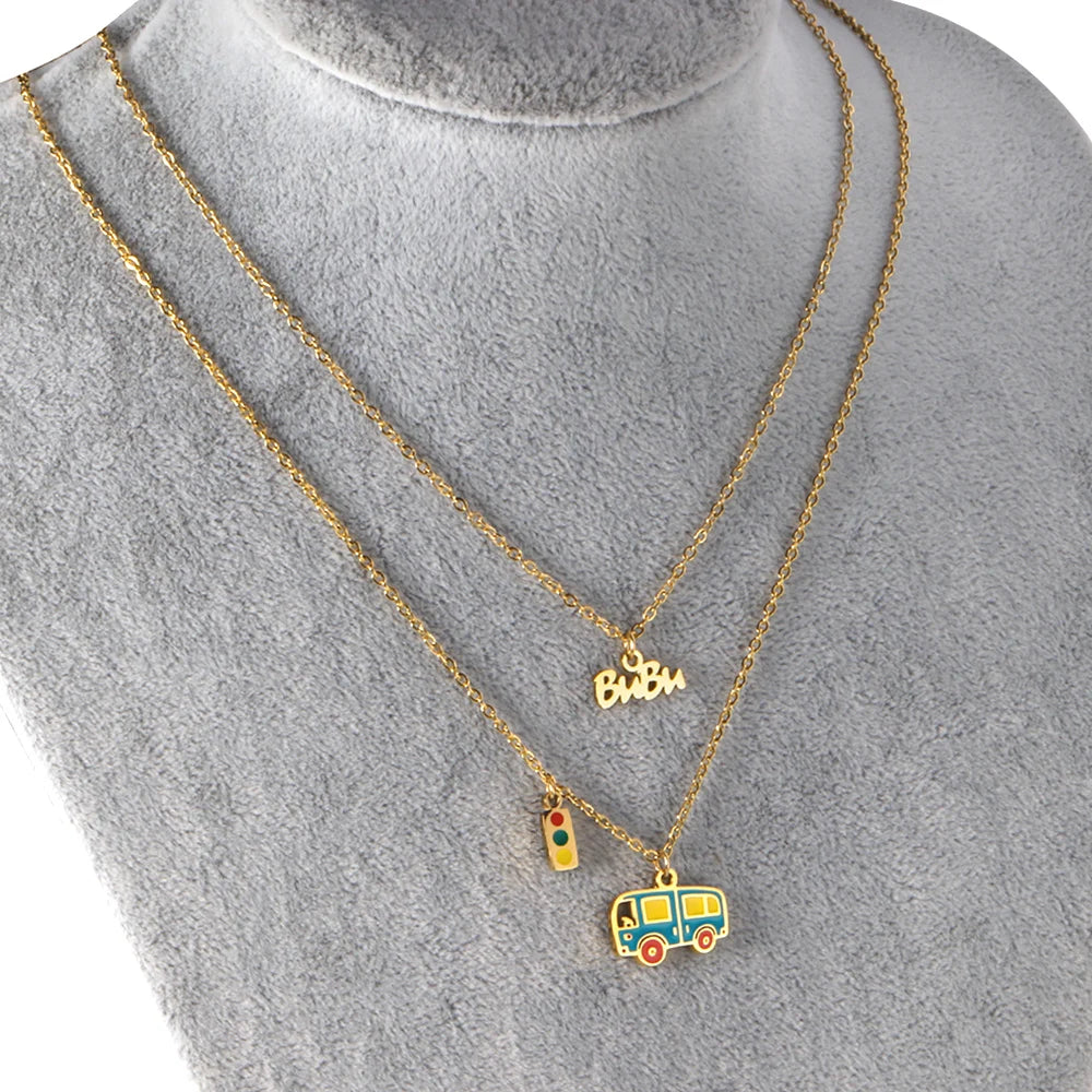 Customized Wholesale Stainless Steel Jewelry 18K Gold Plated Layered Necklace Double Chain Enamel Bus Shape Pendant Necklace