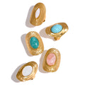 JINYOU 015 Stainless Steel Natural Stone Pink Green Turquoise Hyperbole Ring Women Bohemian Stylish Adjustable Big Jewelry