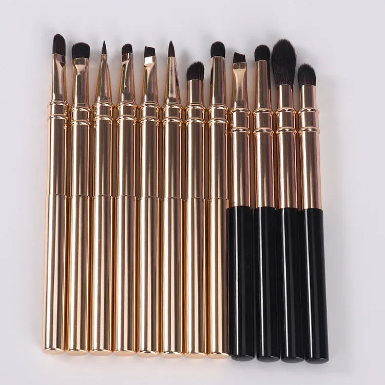 Luxury Aluminum Cosmetic Eye Tool Wholesale Bulk Custom Printed Black Gold 12pcs Luxury Makeup Brush Set Kit