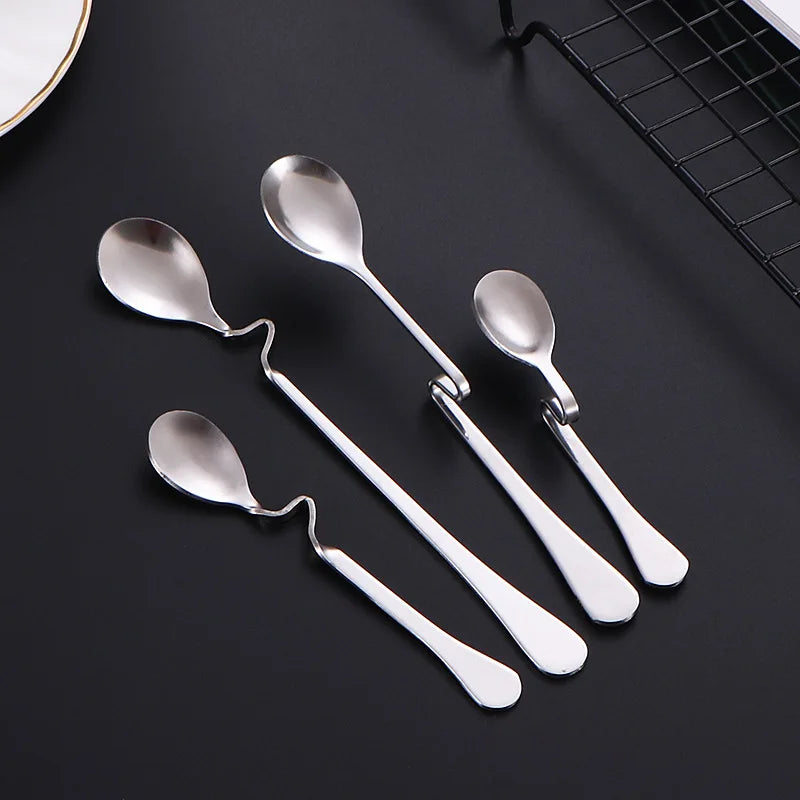 Stainless Steel Spoon Tableware Set Restaurant Silverware Hotel Curved Handle Twist Spoon Coffee Milk Tea Curved Stirring Spoon