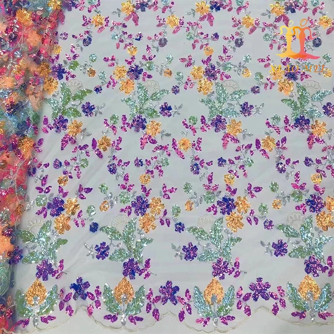 Wholesale Eco-Friendly Mesh 100% Polyester African Fancy Embroidery Sequined Lace Fabric XM-SL0053