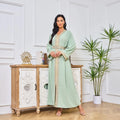 New Luxury Handmade Dubai Mint Green Abaya Modest Dresses Muslim Women Gold Trim Belted