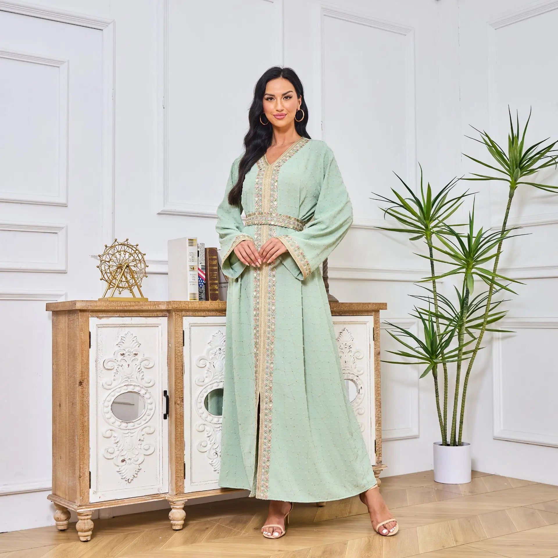 New Luxury Handmade Dubai Mint Green Abaya Modest Dresses Muslim Women Gold Trim Belted