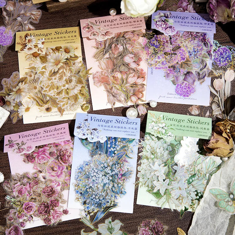 20 Pieces/Pack Pet Sticker Bag and Flower Telling Series Flowers Hand Account Collage Journal Decoration Materials Into 6 Types