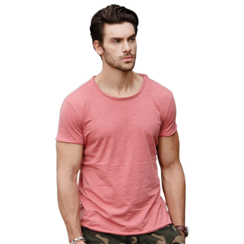 Wholesale Customized European Casual Men's T-Shirt Summer New Slim Fitting 100% Cotton Short Sleeved Solid Color Breathable