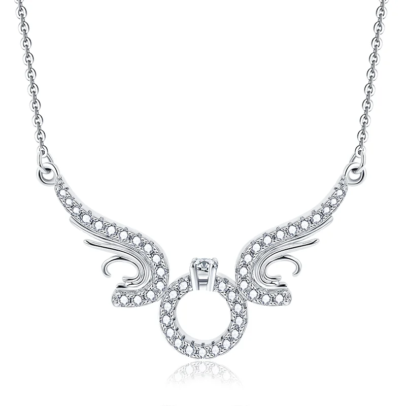 Trendy Exquisite S925 Sterling Silver Necklace Jewelry Rhodium Plated Silver Angel Wing Cubic Zirconia Ring Pendant Necklace