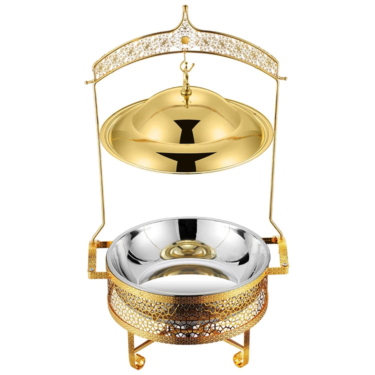 Luxury Gold Stainless Steel Decorative Buffet Display Chafer Dish Gold Hanging Hinged Lid Round Chafing Dish for Wedding Party