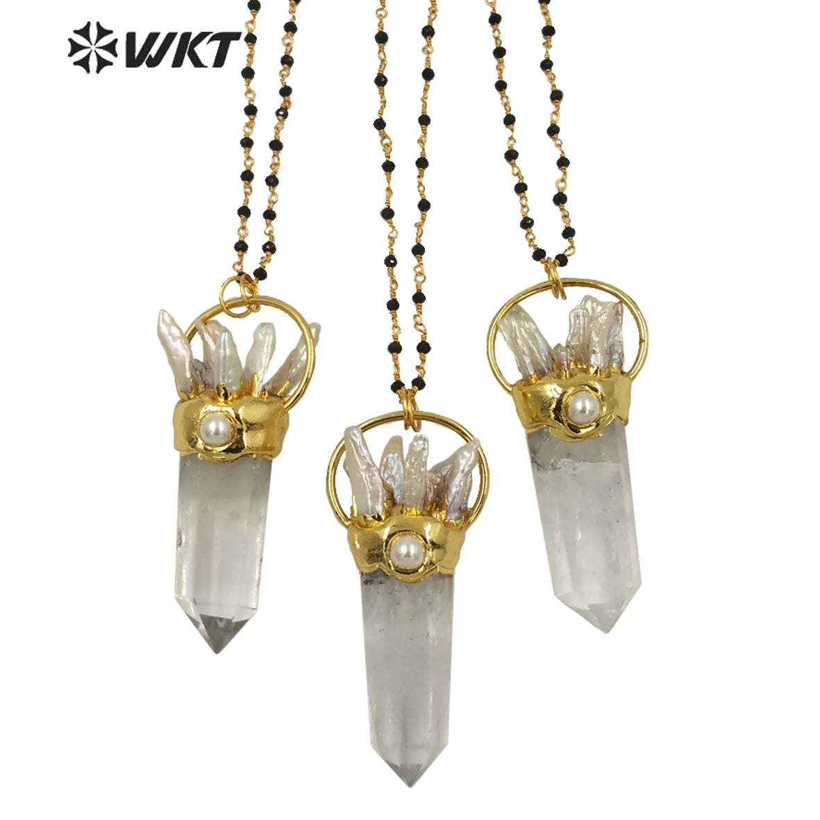WT-N1265 Wholesale Fashion Gold Electroplated White Crystal Quartz Point Stone Necklace Lady Big Stone Energy Pearl Necklace