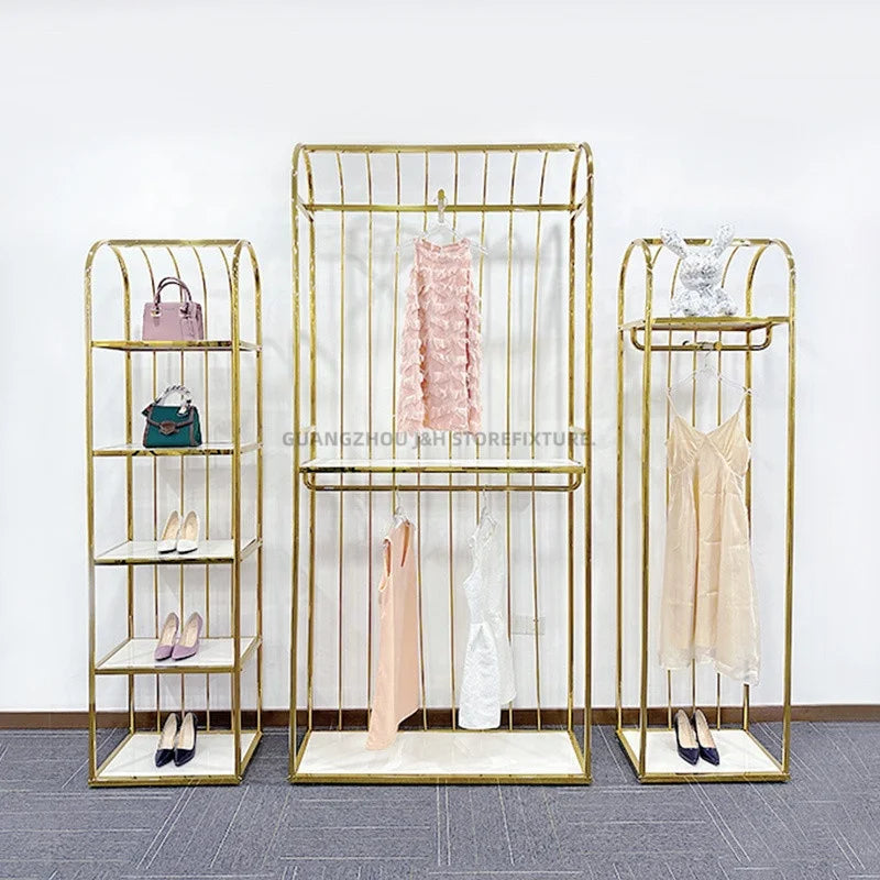 Boutique Stainless Steel Clothes Racks for Clothing Display Bag and Shoe Display Stand for Garment Shop