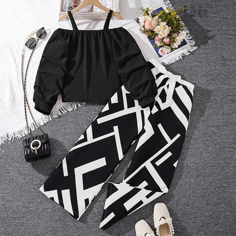 8-12 Y Girls Clothing Sets New Suspender Tops High Waist Wide Leg Pants Girls Clothes Youth Brown Children's Clothing