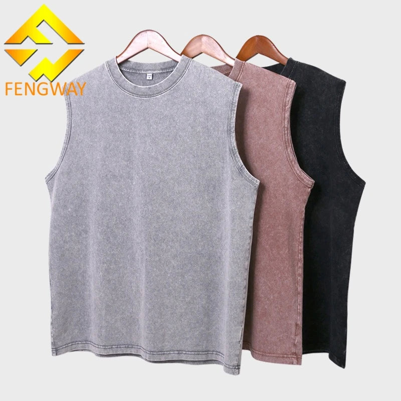 Oversized Men's Heavy Cotton Workout Gym Tank Top Acid Wash Sleeveless Cut Muscle Shirts Custom Logo Vintage Breathable Loose