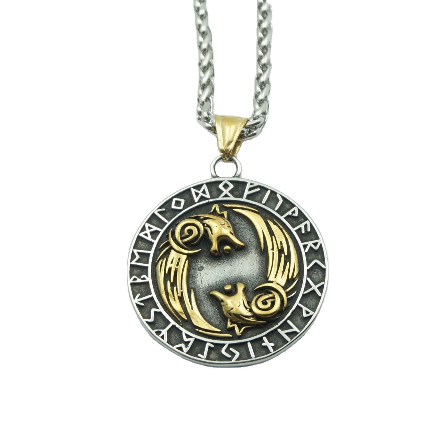 Norwegian Rune Amulet Pendant Men Stainless Steel Odin Wolf Head Pendant Necklace